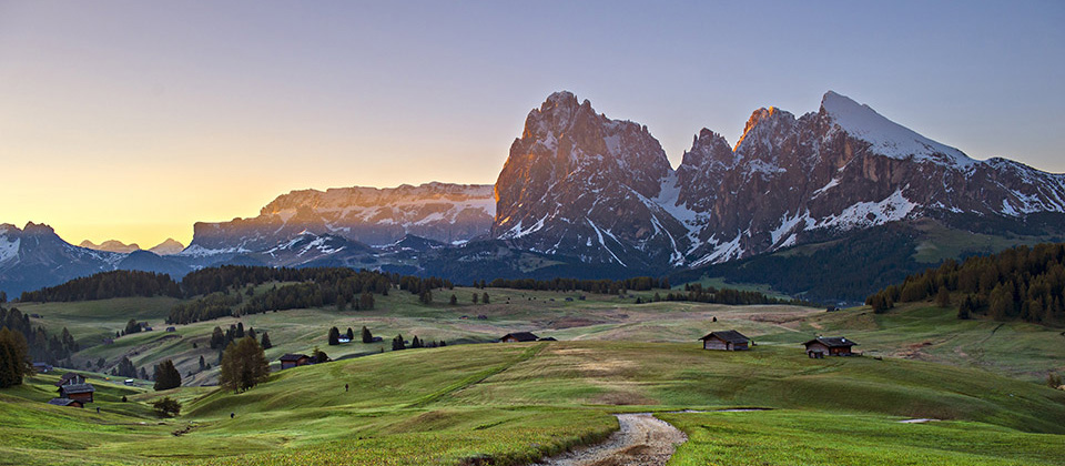 Sunset in the Seiser Alm with the beautiful Dolomites in the background