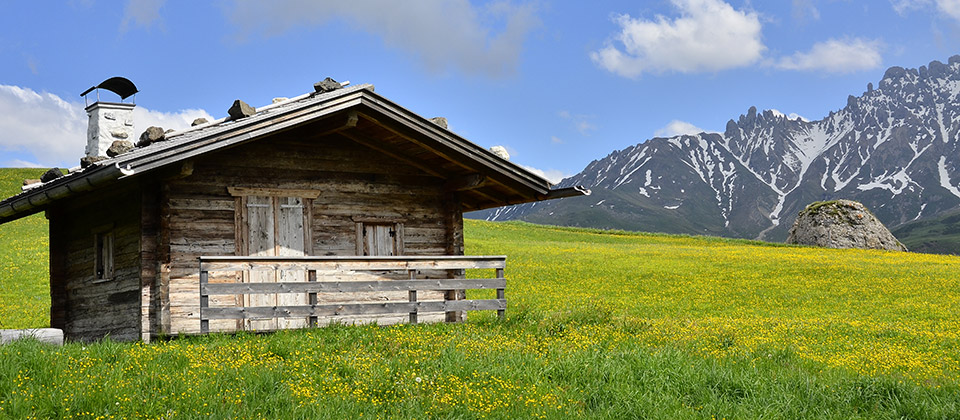 Malga solitaria in legno su un prato dell'Alpe di Siusi