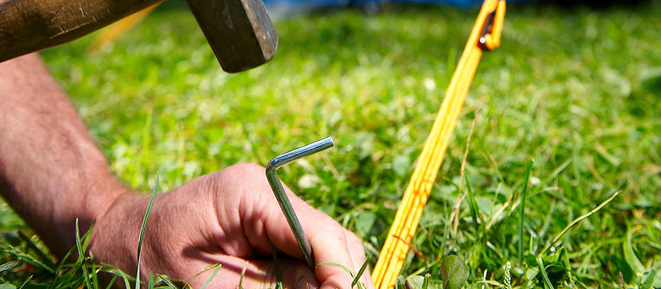 Un picchetto per la tenda viene piantato in un verdissimo prato