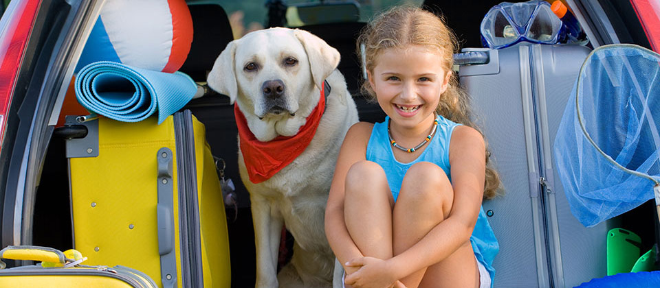 Una bimba con il suo cane nel bagagliaio pieno di una macchina pronta per le vacanza